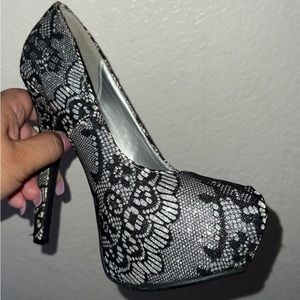Silver with black lace Shoes. Great for the Holidays!!